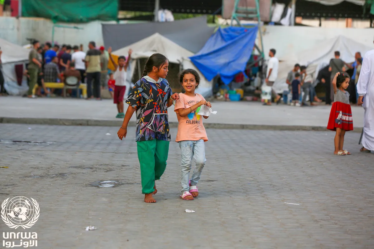 Displaced children after Israeli army orders to evacuate east of Deir el-Balah inside a shelter in Deir el-Balah city, Gaza Strip